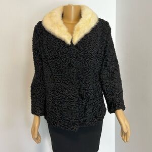 Vintage Black Persian Lamb Faux Fur Coat Cream Mink Collar Glam Mid-Century EP